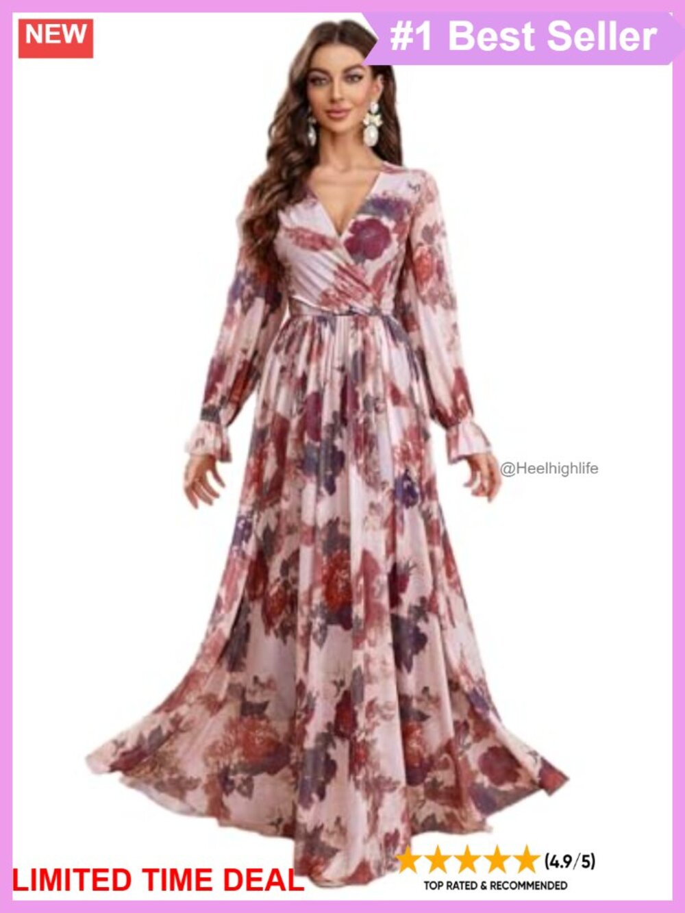 Boho V Neck Long Sleeve Ruffle Floral Maxi Dress Casual Summer